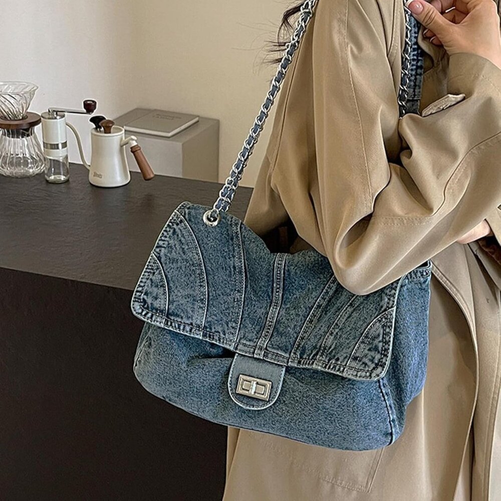 Denim Purse Women Large Capacity Casual Crossbody Shoulder Bag Tote - Picture 4 of 6